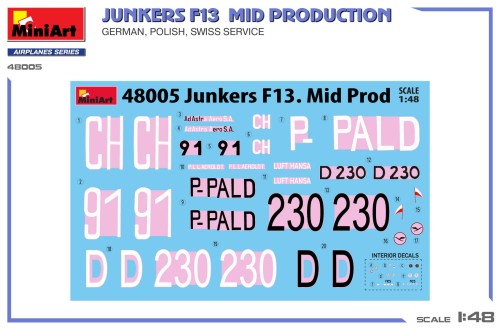 Samolot Junkers F13 Mid Prod. German, Polish, Swiss Service 48005 MiniArt