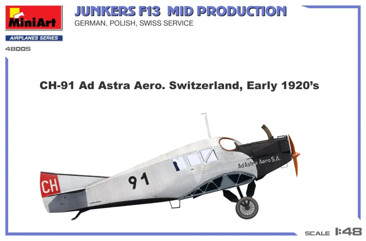 Samolot Junkers F13 Mid Prod. German, Polish, Swiss Service 48005 MiniArt