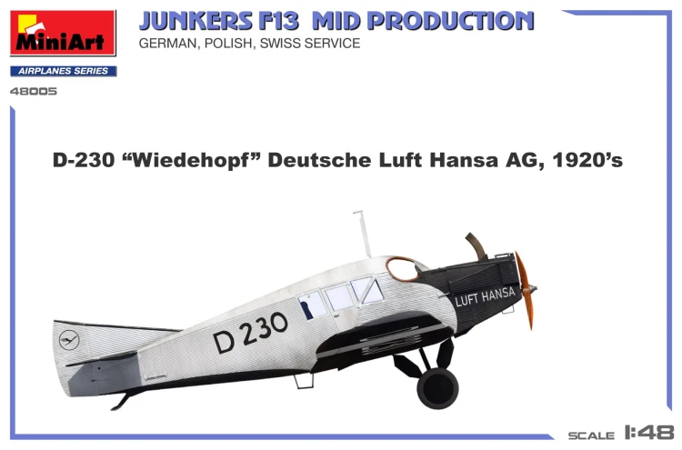 Samolot Junkers F13 Mid Prod. German, Polish, Swiss Service 48005 MiniArt
