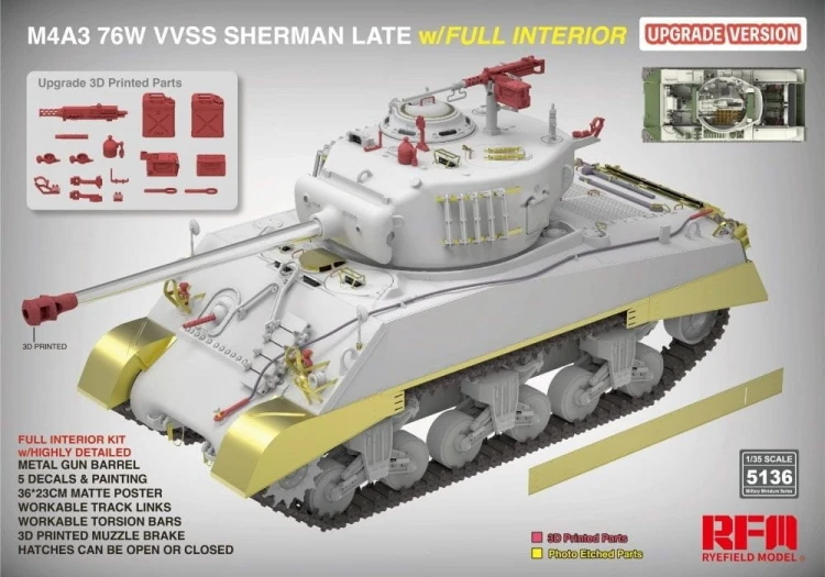 Czołg M4A3 76W VVSS Sherman Late Full Interior Upgrade Version RM-5136 RFM