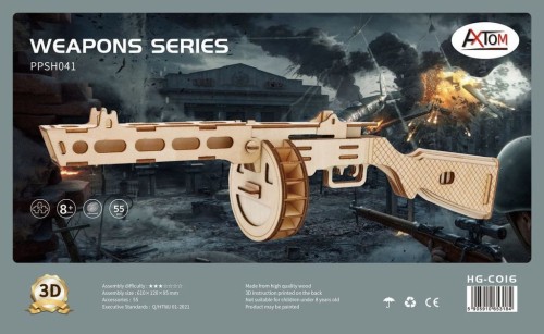 Pistolet maszynowy PPSH-41 składanka drewniana puzzle 3D HG-C016 Hongtai Toys