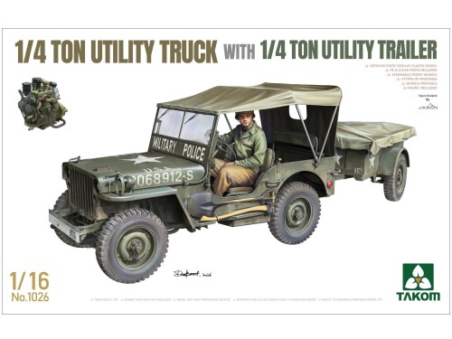 Willys MB Jeep 1/4 Ton Utility Truck with 1/4 Ton Utility Trailer 1026 Takom