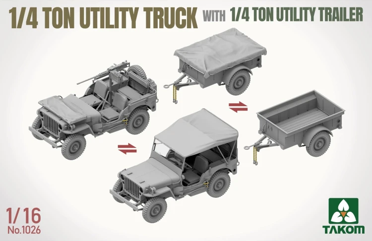 Willys MB Jeep 1/4 Ton Utility Truck with 1/4 Ton Utility Trailer 1026 Takom