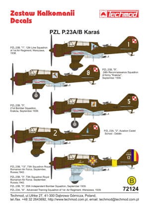 Kalkomania PZL P.23A/B Karaś 72124 Techmod
