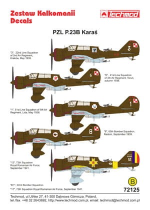 Kalkomania PZL P.23B Karaś 72125 Techmod