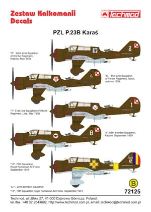 Kalkomania PZL P.23B Karaś 72125 Techmod