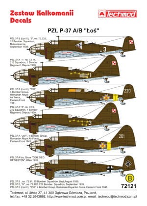 Kalkomania PZL P.37A/B Łoś 72121 Techmod