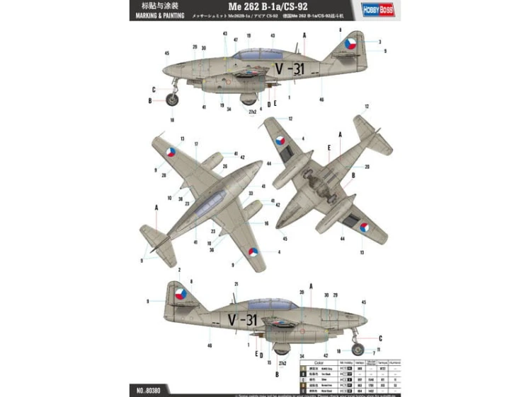 Samolot Messerschmitt Me 262 B-1a/CS-92 80380 Hobby Boss