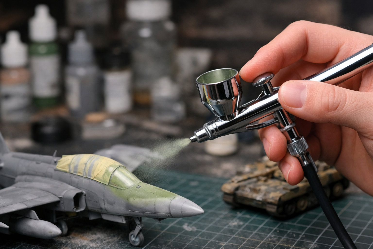 Malowanie modelu samolotu aerografem w warsztacie modelarskim z użyciem farb modelarskich