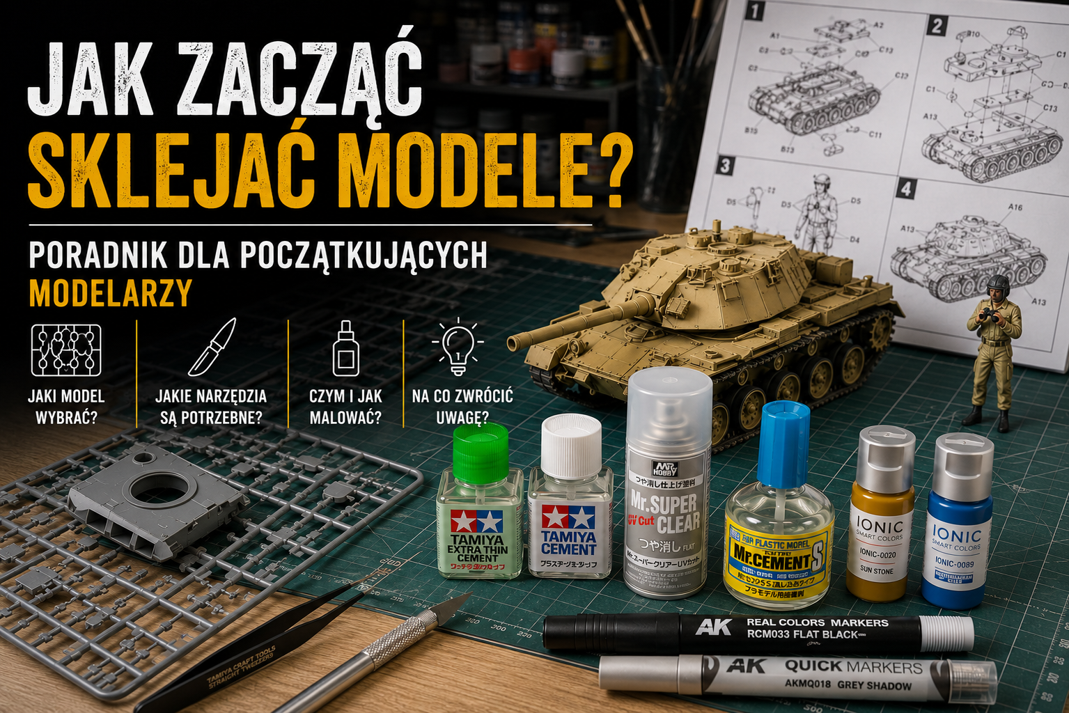 Stanowisko modelarskie z modelami do sklejania, wypraskami, narzędziami i chemią modelarską - poradnik dla początkujących modelarzy SOMAP